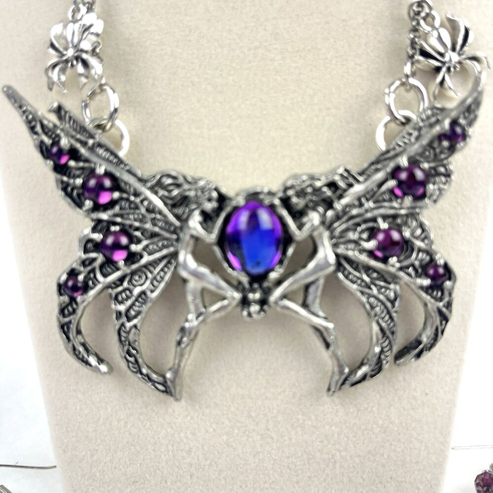 Vintage Gothic Fantasy Pendant Statement Necklace purple Rhinestones Pewter